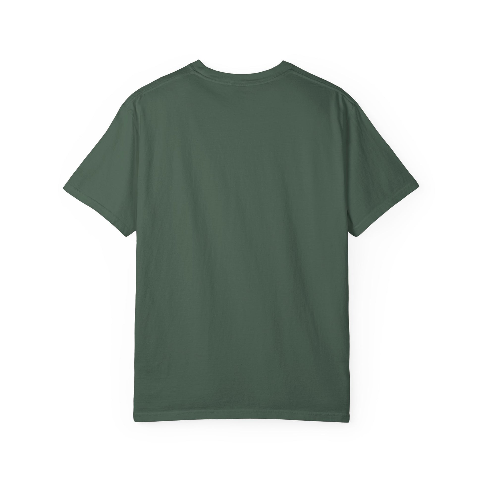 Back view of a vintage boho astronaut t-shirt in earthy green color, perfect for festival-goers and stargazers.