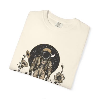 Astronaut Shirt, Boho Astronaut Shirt, Vintage Boho Womens Space Shirt design with flowers and celestial elements.