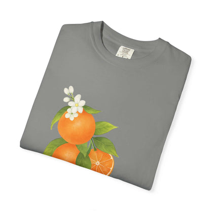 Vintage Orange Shirt, Art Graphic Fruit Shirt featuring pastel drawing of oranges and flowers.