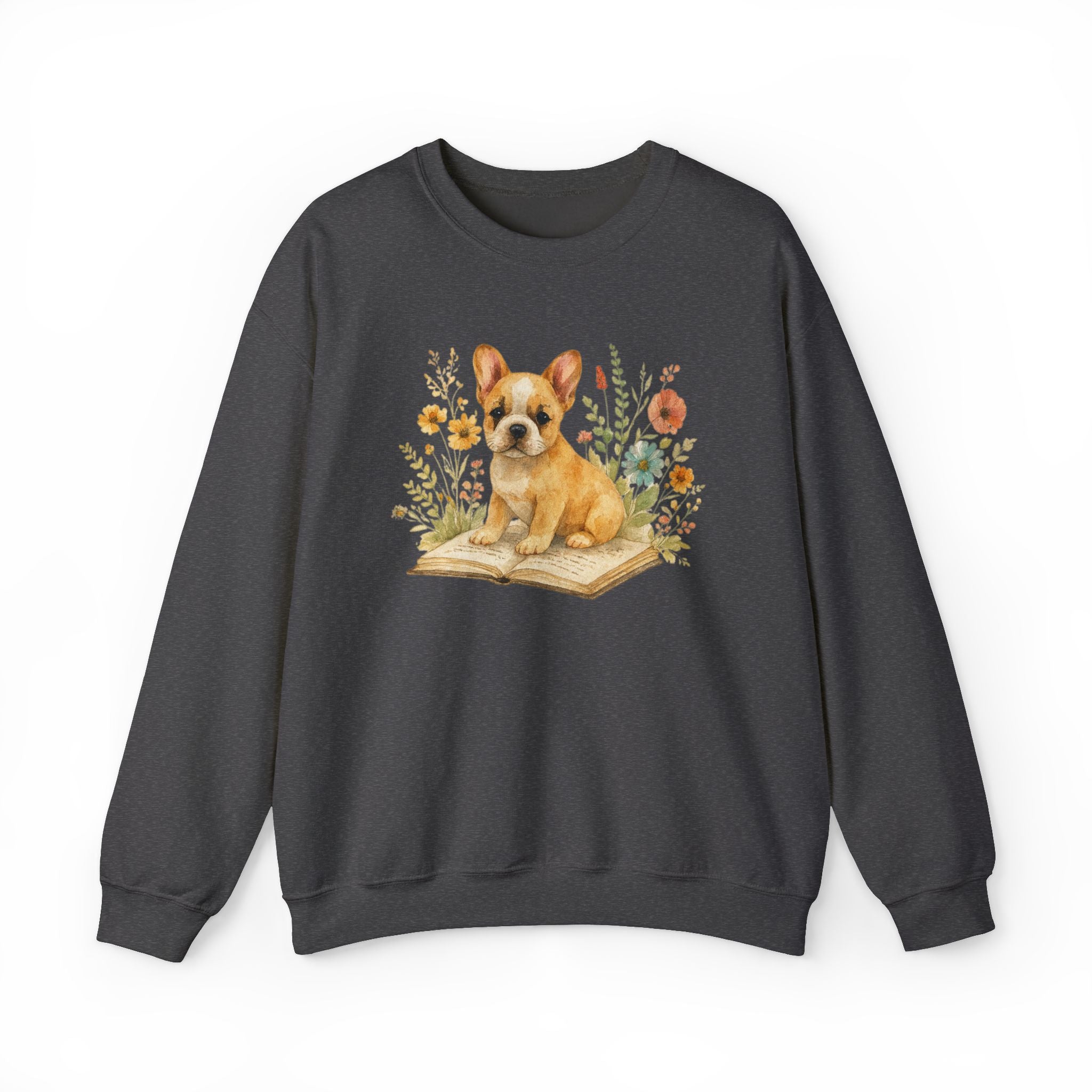 Vintage Boho French Bulldog Puppy Reading Sweatshirt by PopCultureByDesign36