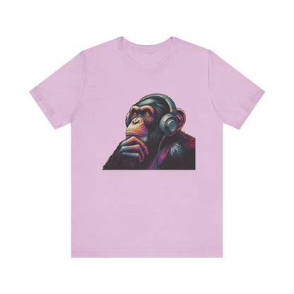 Colorful chimpanzee wearing headphones graphic tee, perfect for music lovers - PopCultureByDesign36