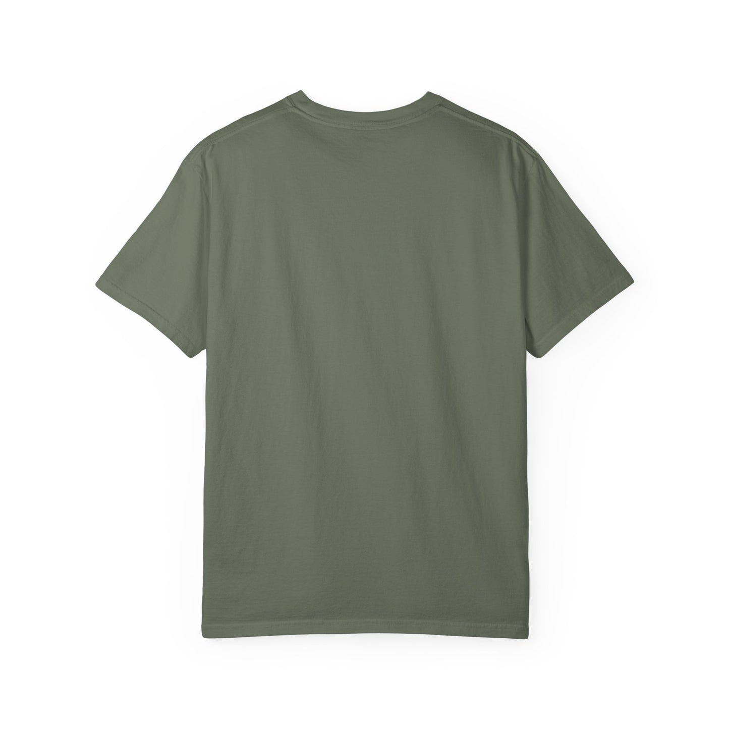 Back view of a boho astronaut t-shirt in earthy green, showcasing its casual and vintage style.