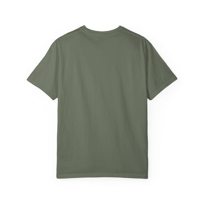 Back view of a boho astronaut t-shirt in earthy green, showcasing its casual and vintage style.
