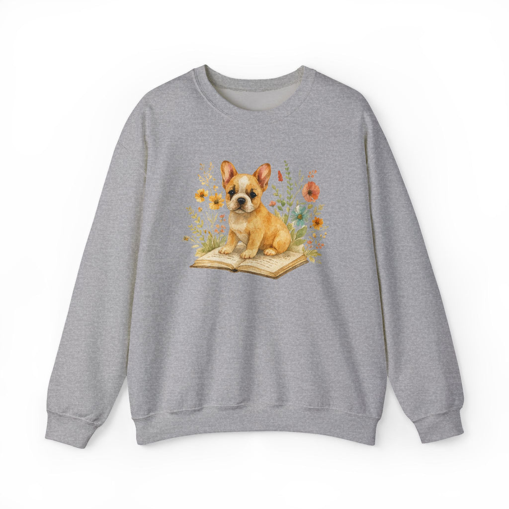 Vintage Boho French Bulldog Puppy Reading Sweatshirt by PopCultureByDesign36