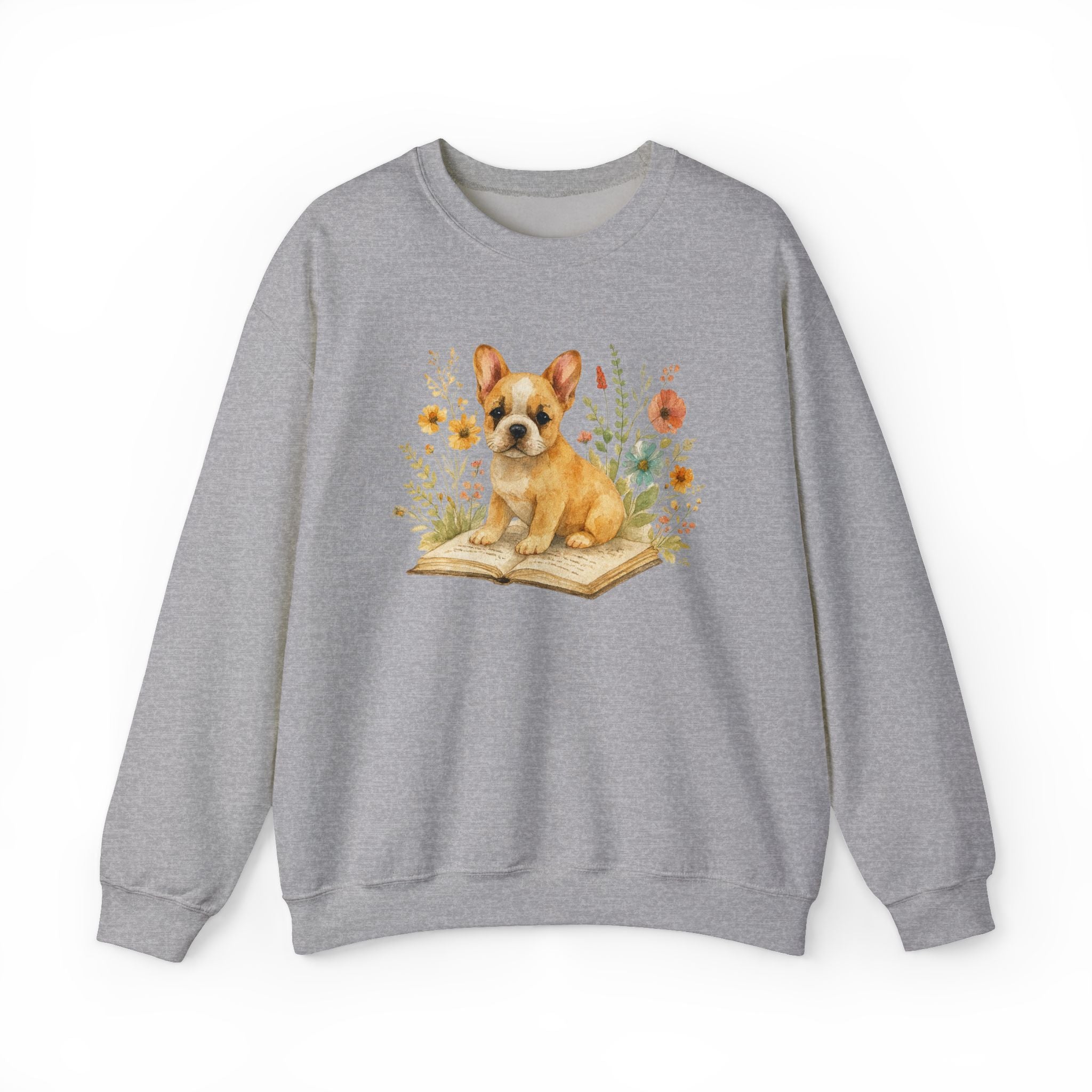 Vintage Boho French Bulldog Puppy Reading Sweatshirt by PopCultureByDesign36