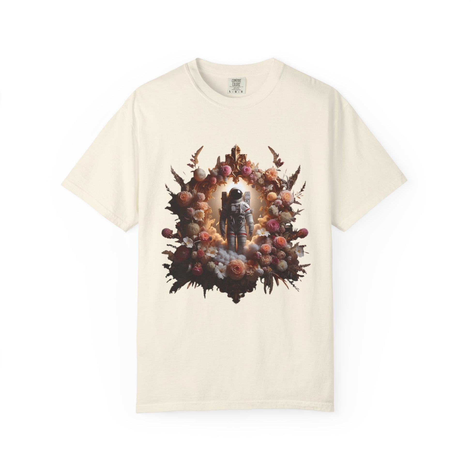 boho astronaut t-shirt featuring a vintage design with an astronaut surrounded by flowers and celestial elements.