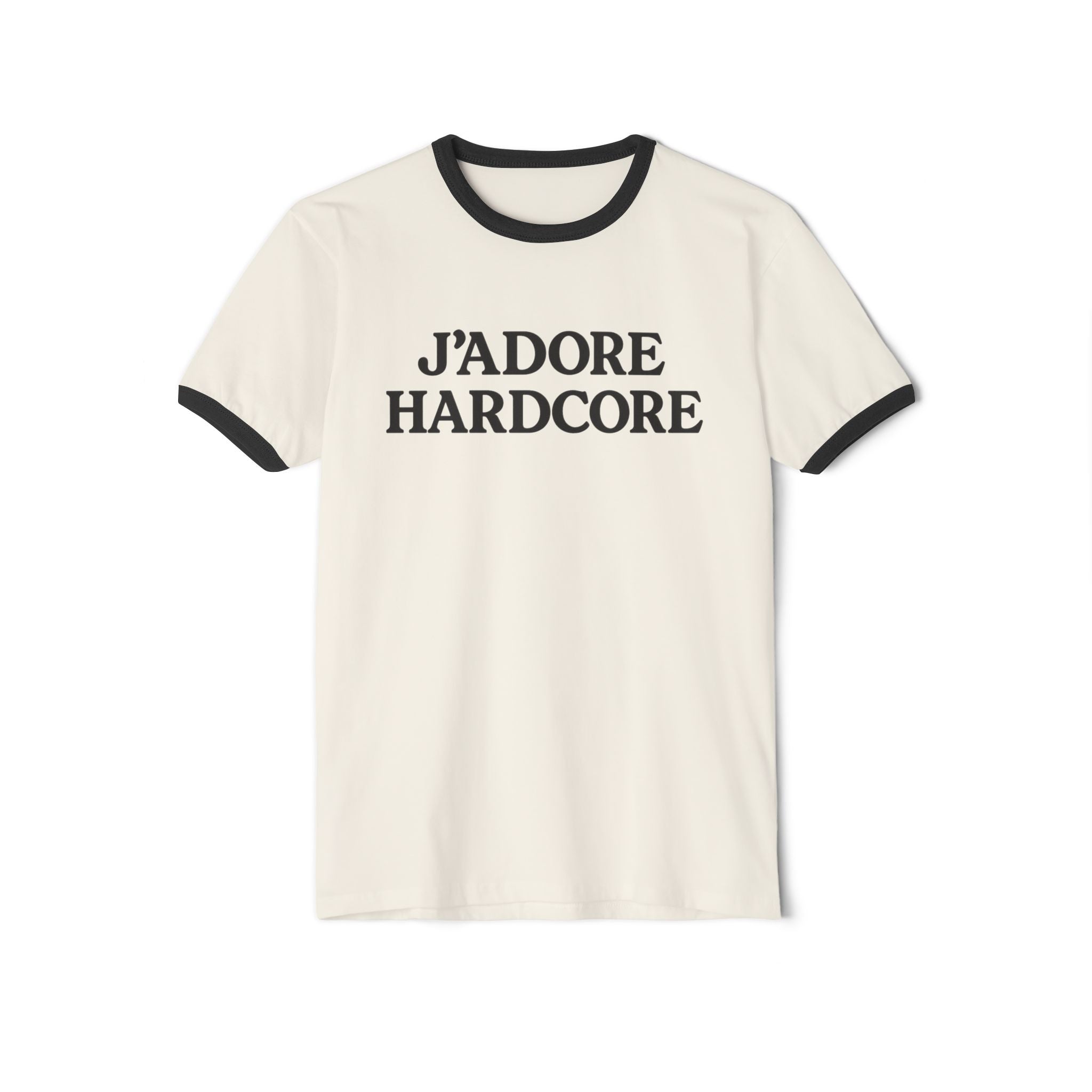 J'Adore Hardcore Ringer T-Shirt — Bold French-Inspired Statement Tee by PopCultureByDesign36