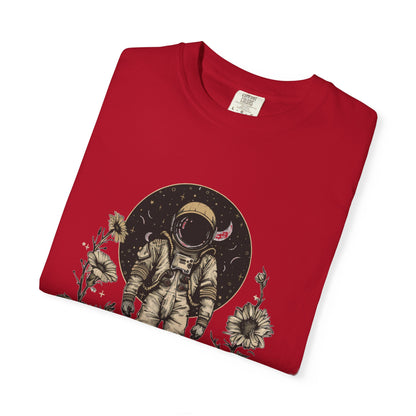 Astronaut Shirt, Boho Astronaut Shirt, Vintage Boho Womens Space Shirt on red fabric with floral design and space background.