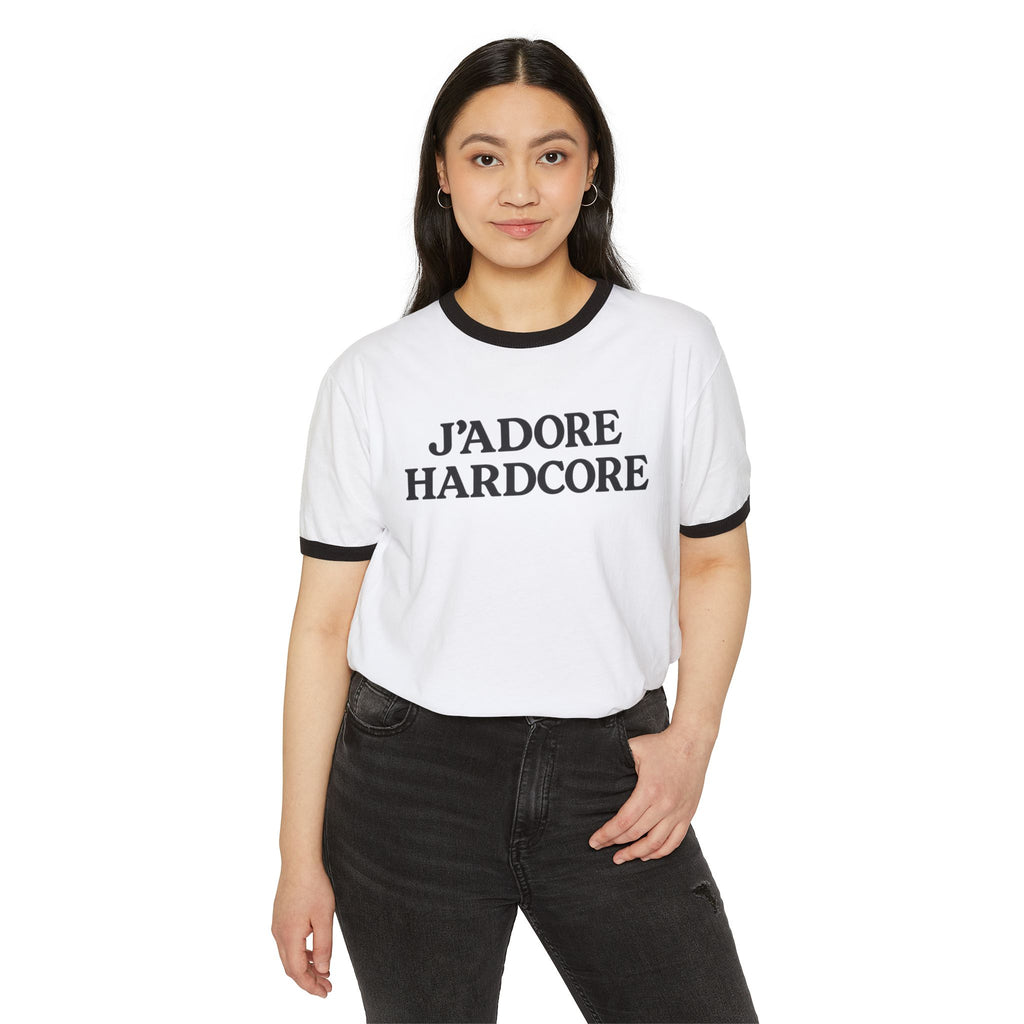 J'Adore Hardcore Ringer T-Shirt — Bold French-Inspired Statement Tee by PopCultureByDesign36