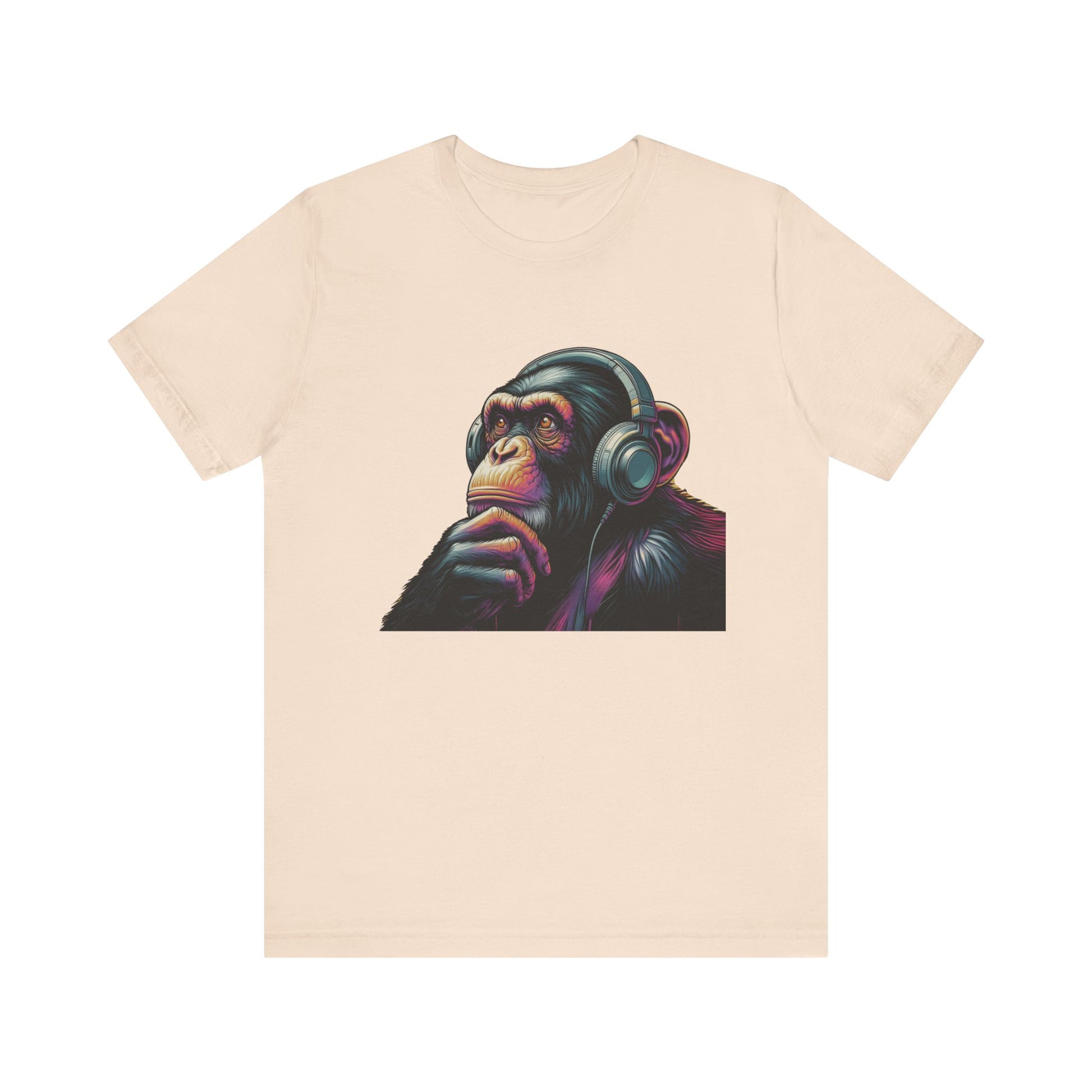 Colorful chimpanzee wearing headphones graphic tee, perfect for music lovers - PopCultureByDesign36