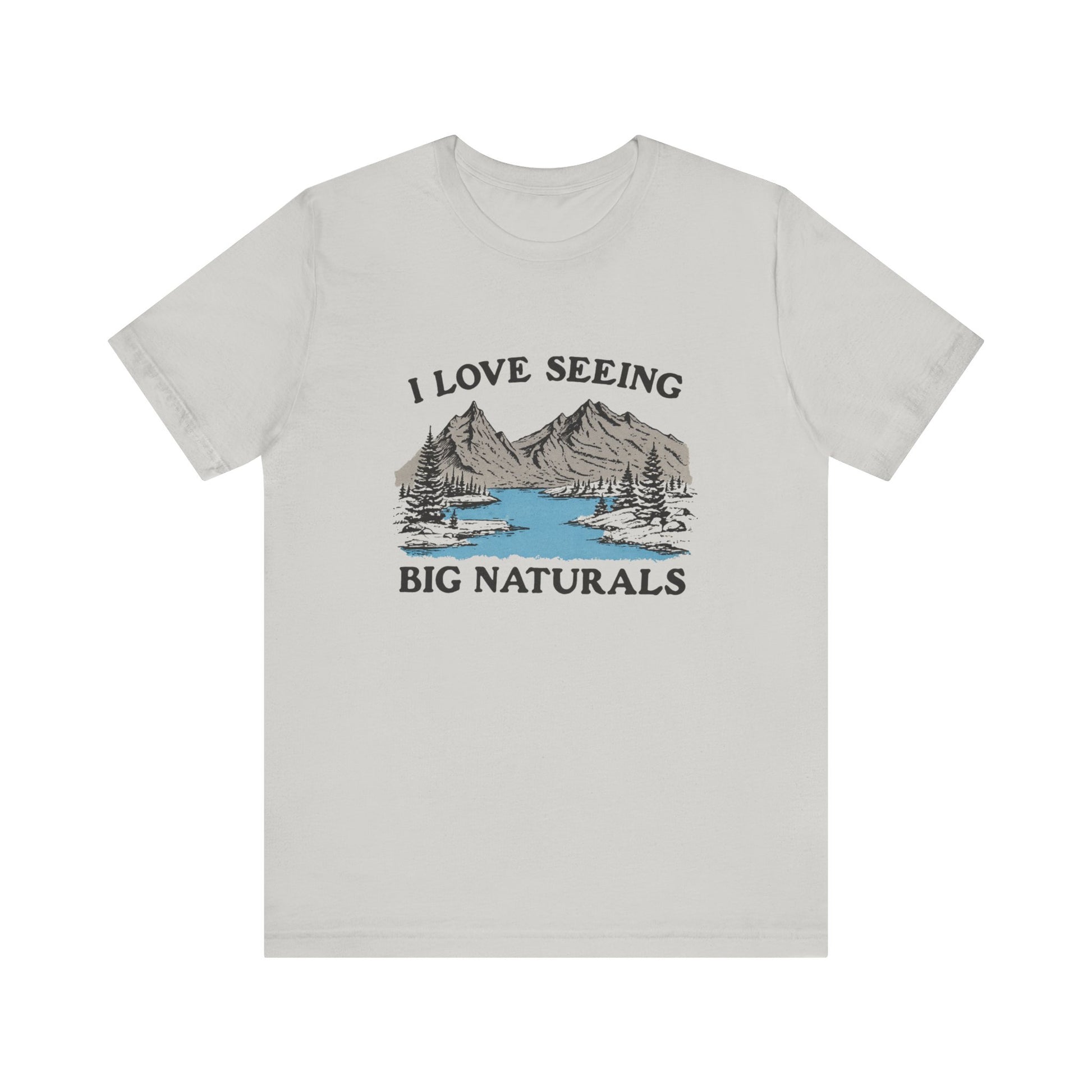 I love seeing big naturals shirt featuring a scenic mountain and lake design, perfect for hiking and outdoor fun.