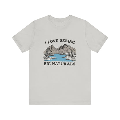 I love seeing big naturals shirt featuring a scenic mountain and lake design, perfect for hiking and outdoor fun.