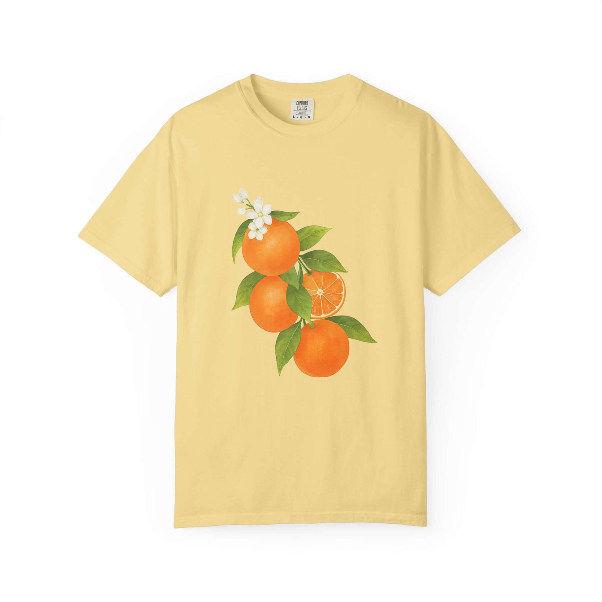 Vintage Orange Shirt, Art Graphic Fruit Shirt with vibrant orange fruit design on a pastel yellow tee.