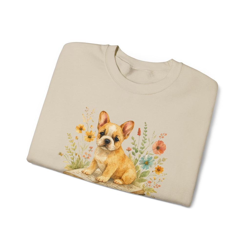 Vintage Boho French Bulldog Puppy Reading Sweatshirt by PopCultureByDesign36