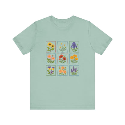 Summer Flower Stamp Tshirt, Vintage Postage Stamp Shirt, Aesthetic Summer Tee - PopCultureByDesign36
