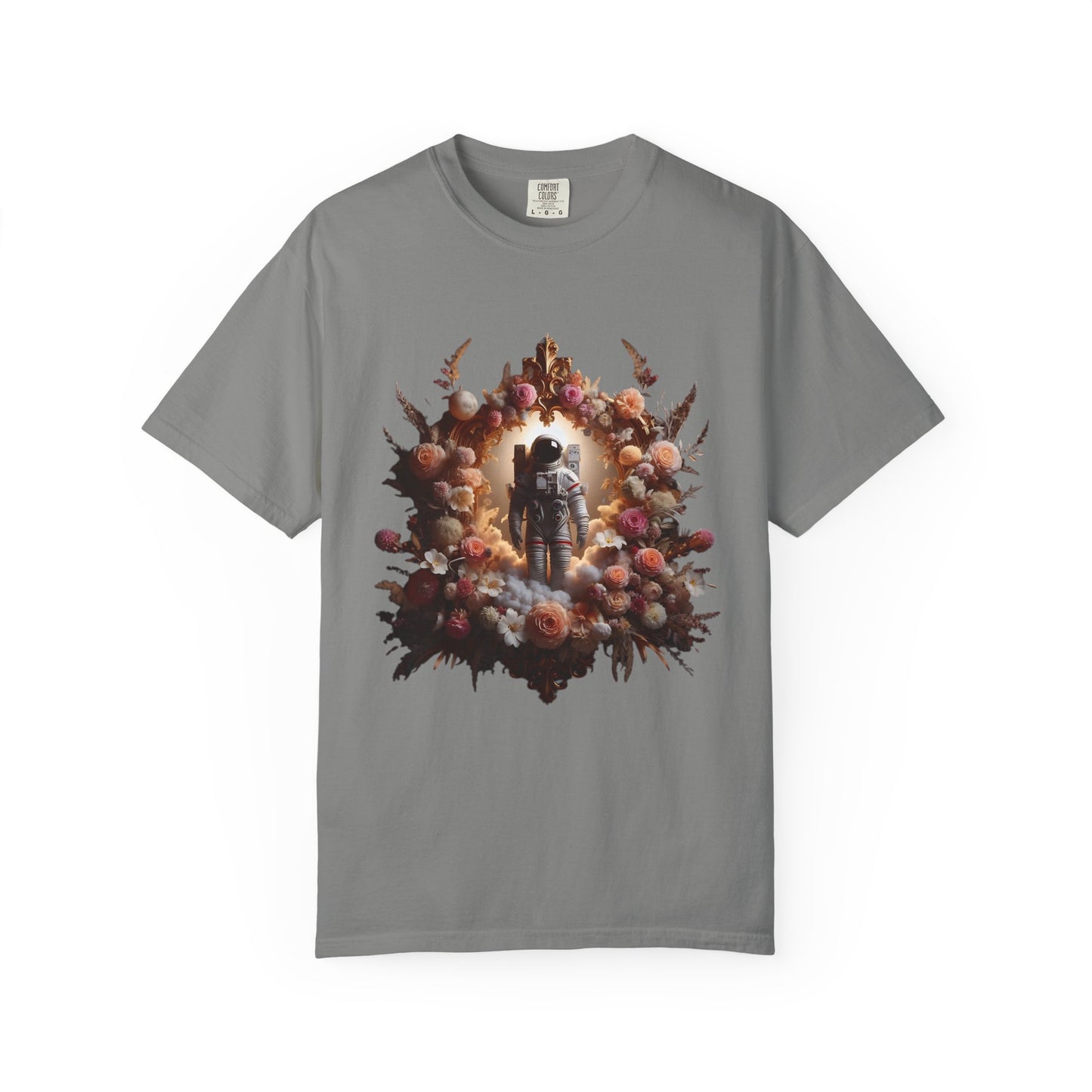 boho astronaut t-shirt featuring a vintage astronaut design surrounded by floral elements on a gray shirt.