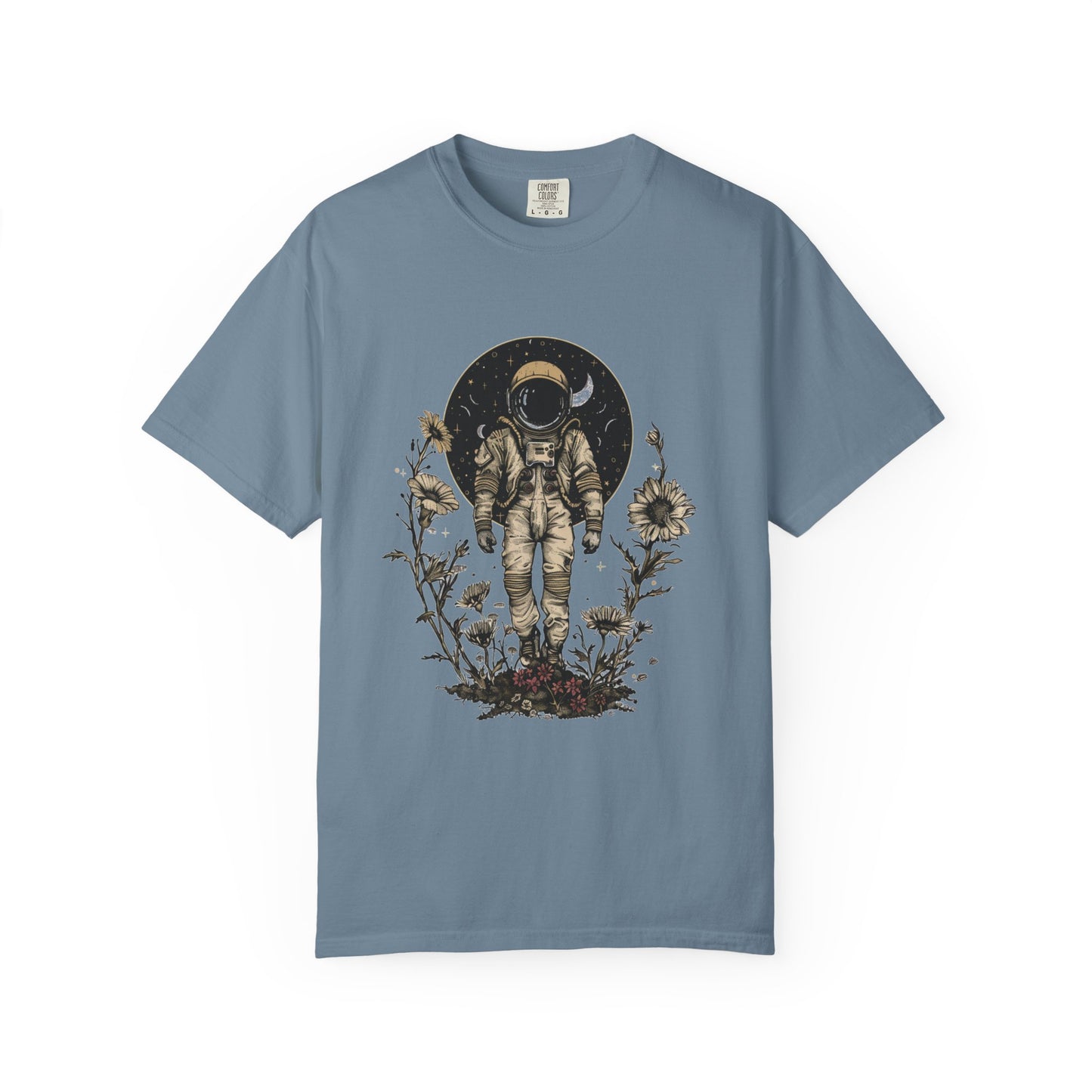 Astronaut Shirt, Boho Astronaut Shirt, Vintage Boho Womens Space Shirt design with flowers and celestial elements.