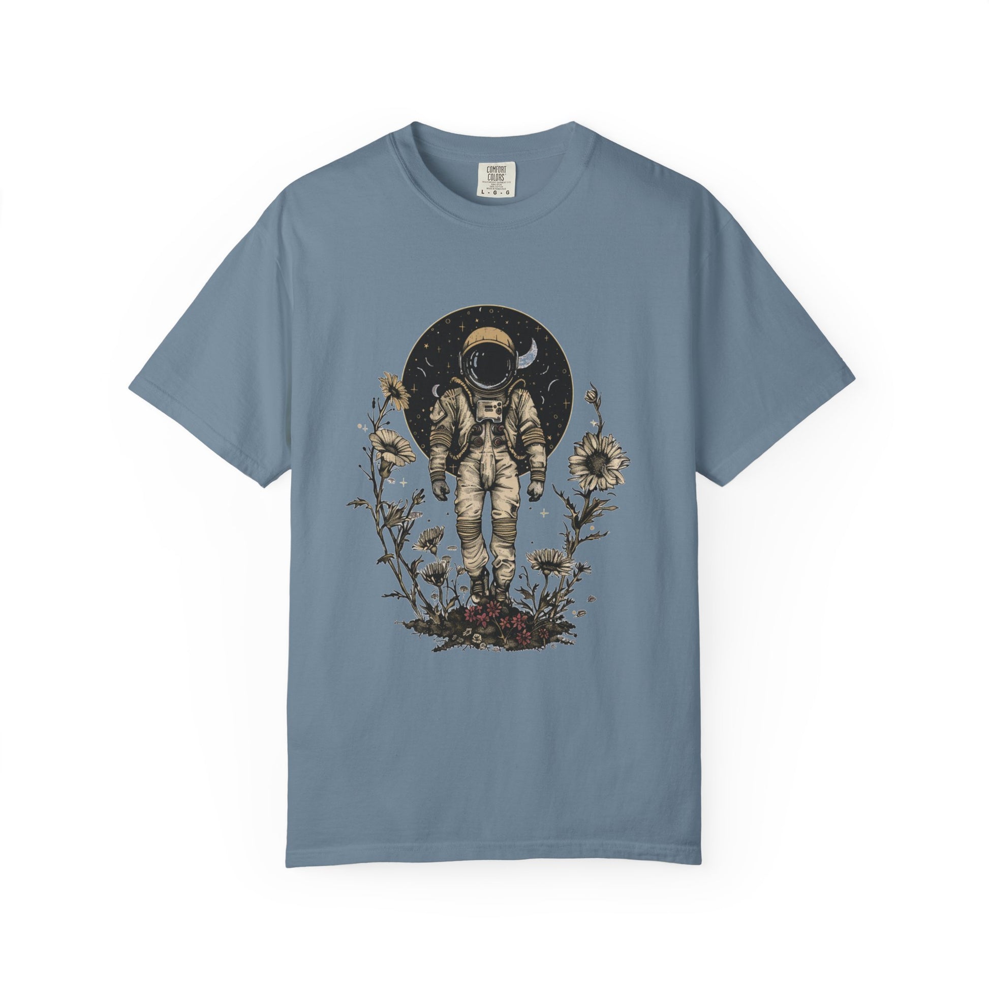 Astronaut Shirt, Boho Astronaut Shirt, Vintage Boho Womens Space Shirt design with flowers and celestial elements.