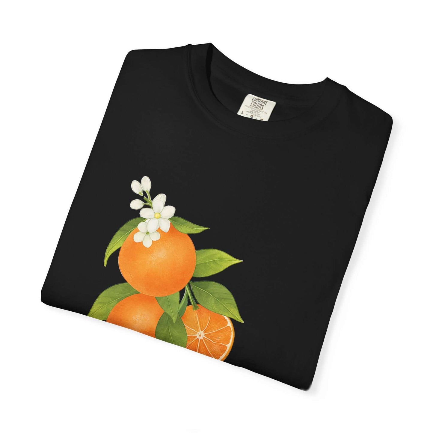 Vintage Orange Shirt, Art Graphic Fruit Shirt with floral design on a black background.