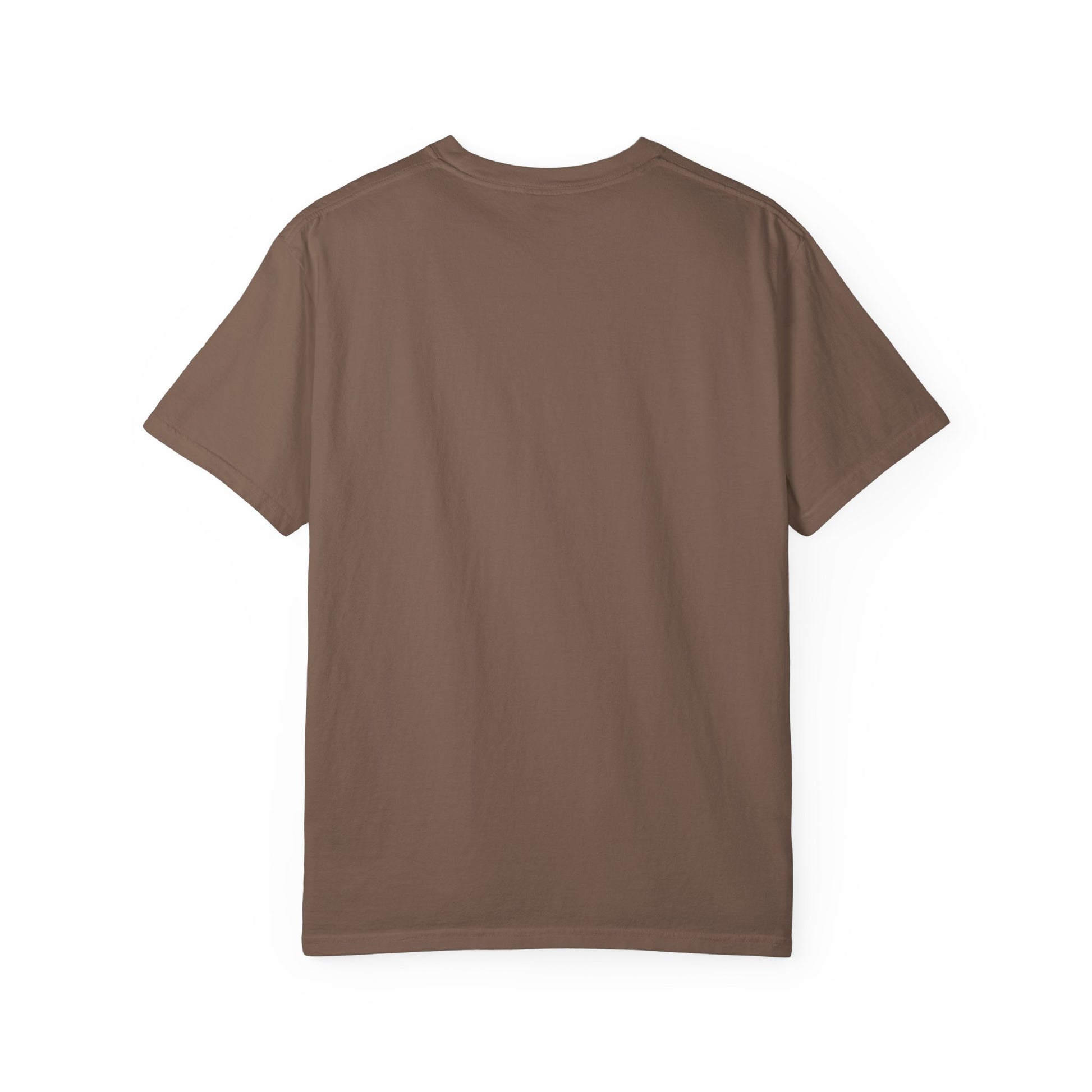 Back view of boho astronaut t-shirt in earthy brown color, showcasing its vintage boho style and casual fit.