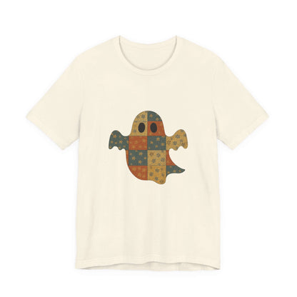 Patchwork Ghost Tee, Ghost Patchwork Halloween Shirt, Boho Ghost Shirt - PopCultureByDesign36