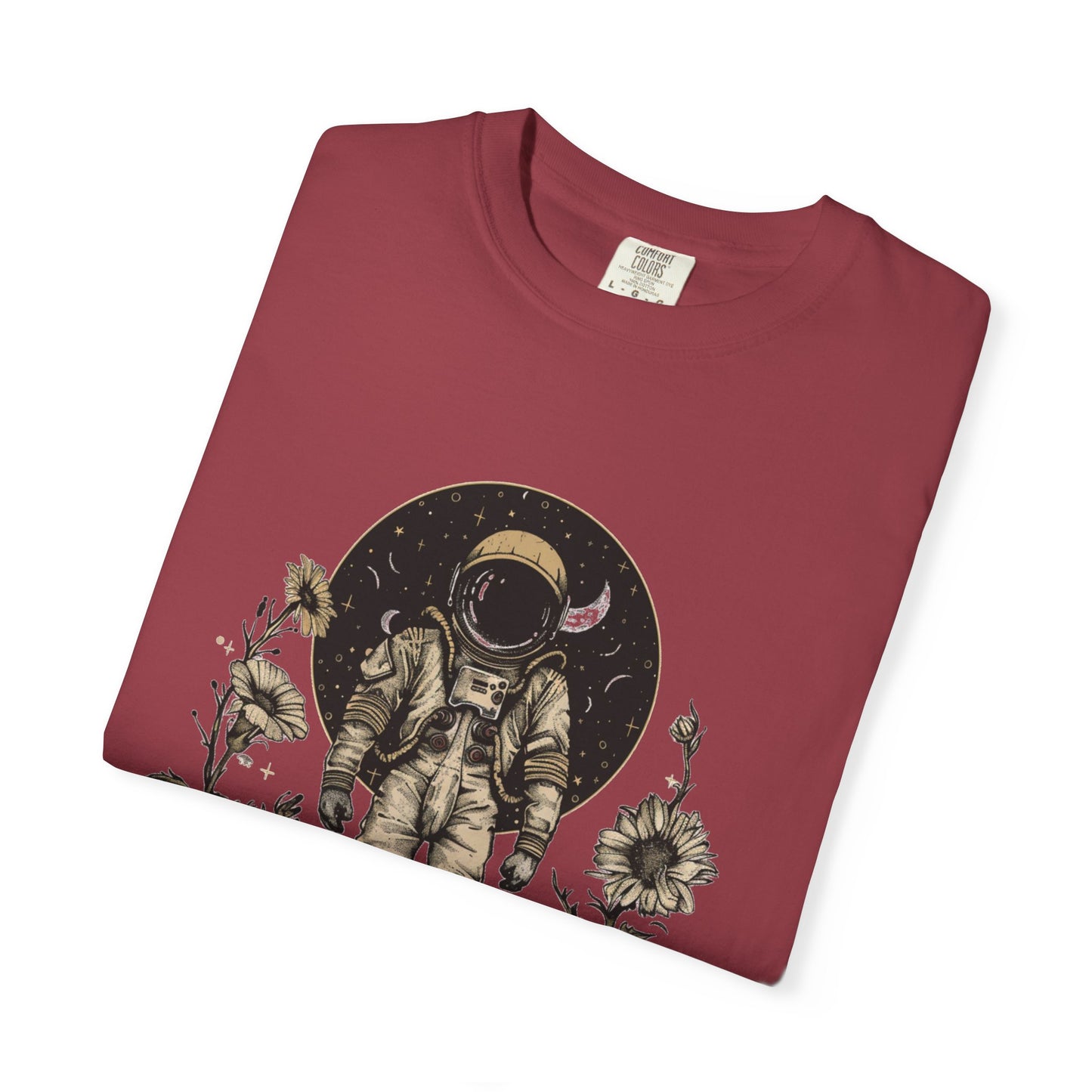 Astronaut Shirt, Boho Astronaut Shirt, Vintage Boho Womens Space Shirt design on a burgundy t-shirt.