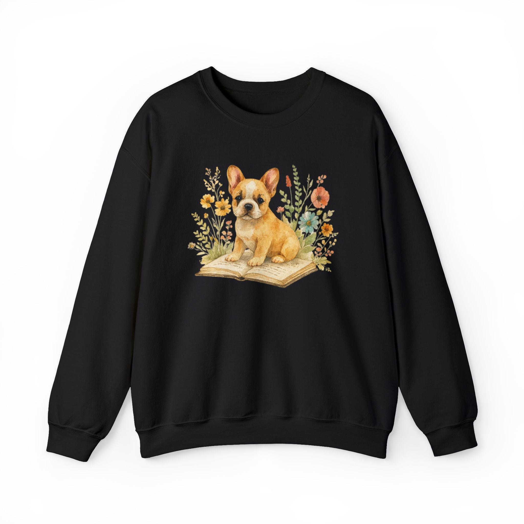Vintage Boho French Bulldog Puppy Reading Sweatshirt by PopCultureByDesign36