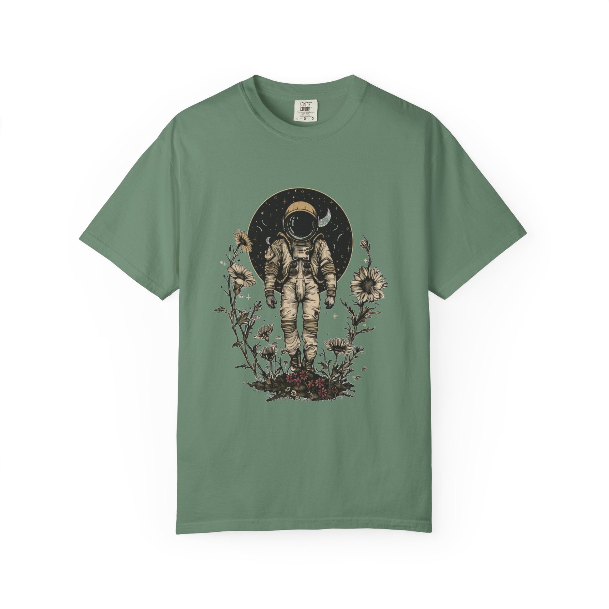 Astronaut Shirt, Boho Astronaut Shirt, Vintage Boho Womens Space Shirt featuring a graphic astronaut design on a green tee.