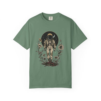 Astronaut Shirt, Boho Astronaut Shirt, Vintage Boho Womens Space Shirt featuring a graphic astronaut design on a green tee.