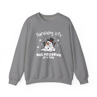 Snowman Christmas Sweatshirt, Survive One Meltdown at a Time, Holiday Winter Jumper, Funny Xmas Pullover, Cozy Festive Top, Unisex Winter
