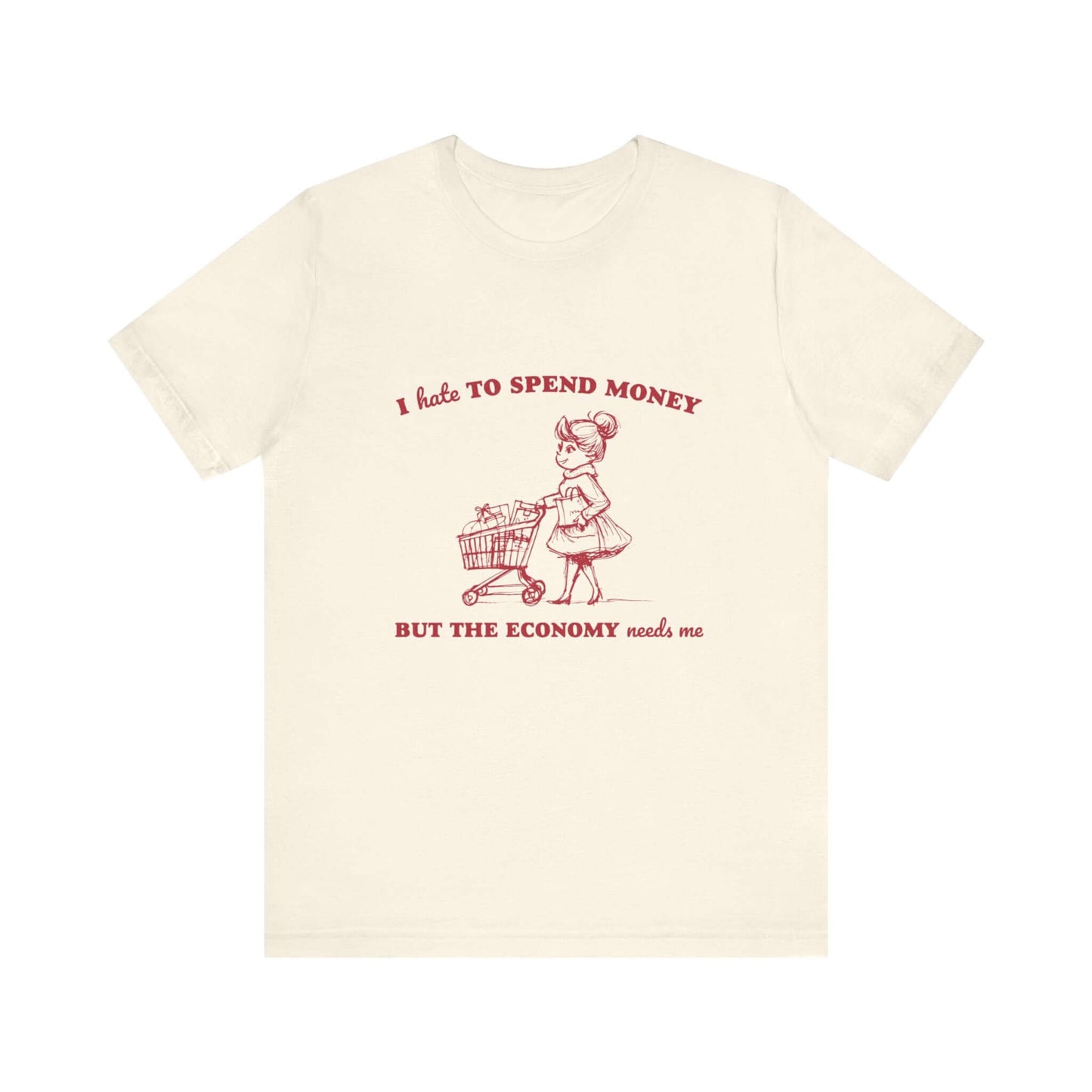 Retro Funny Woman T-Shirt, Hipster Shirt, Sarcasm Top with cartoon girl and shopping cart design.