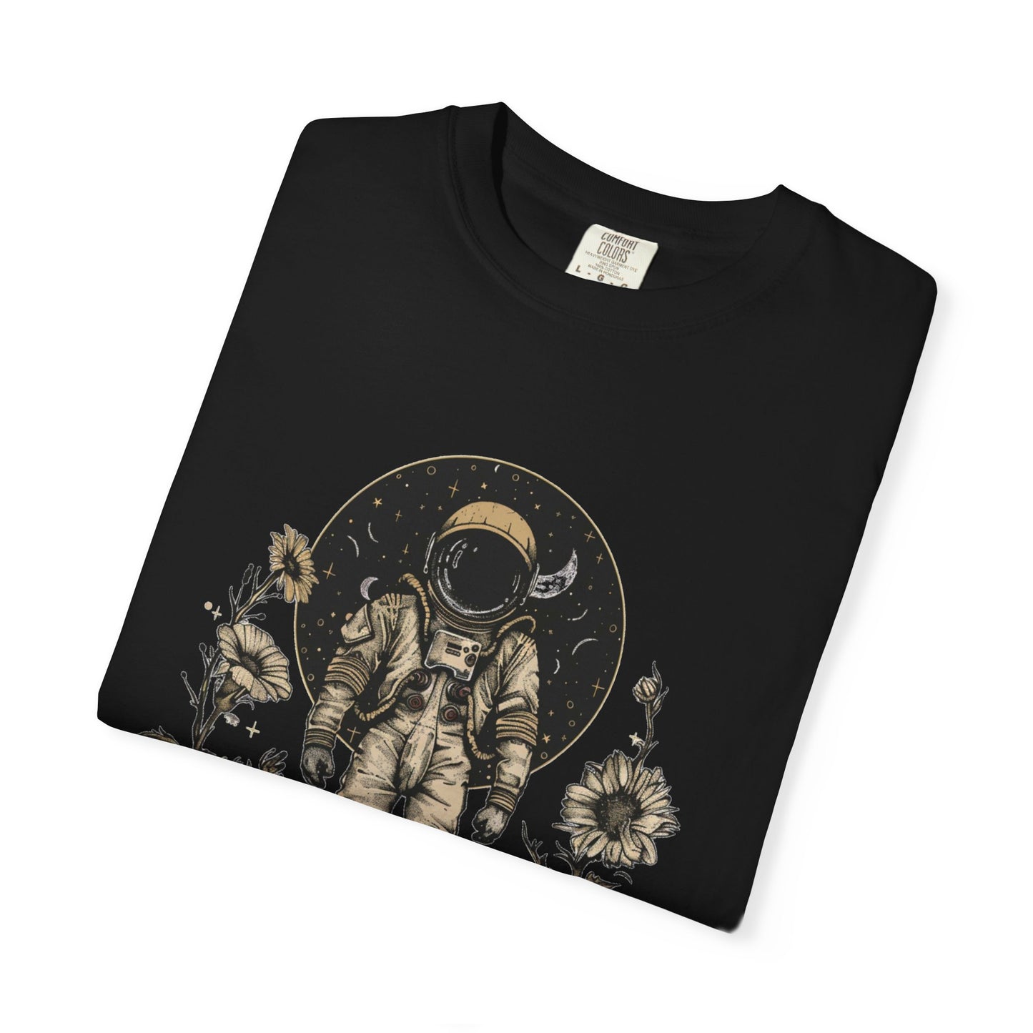 Astronaut Shirt, Boho Astronaut Shirt, Vintage Boho Womens Space Shirt design with astronaut and flowers on black t-shirt.