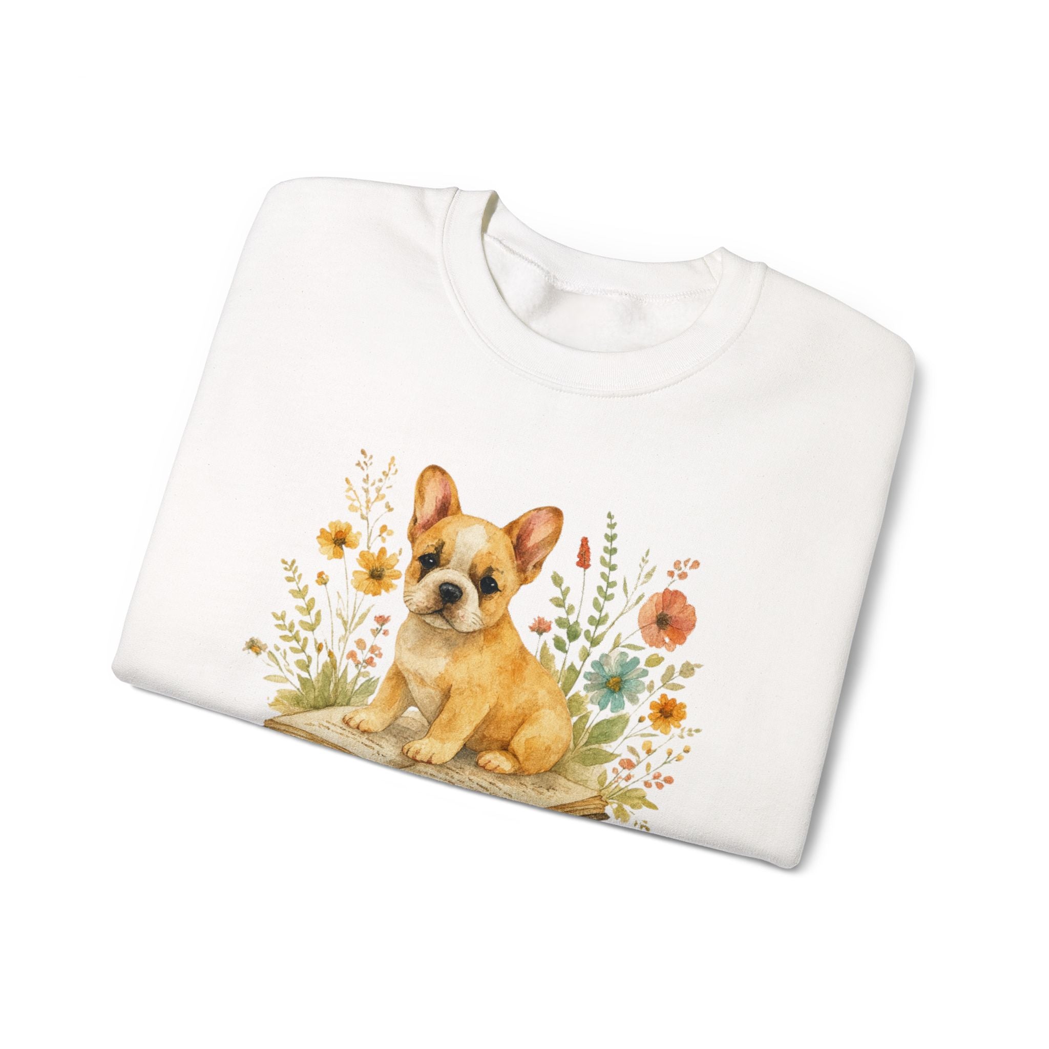 Vintage Boho French Bulldog Puppy Reading Sweatshirt by PopCultureByDesign36