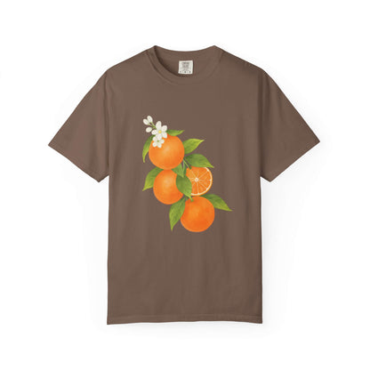 Vintage Orange Shirt, Art Graphic Fruit Shirt featuring vibrant oranges and floral design on a brown t-shirt.