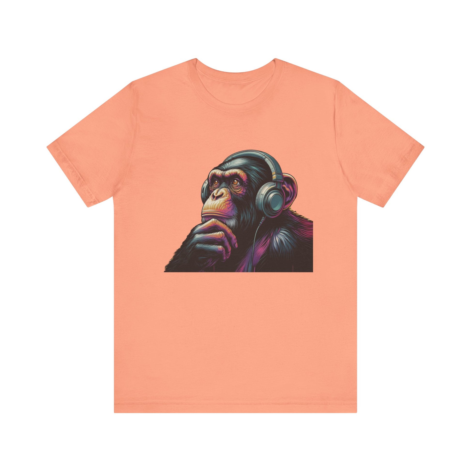 Colorful chimpanzee wearing headphones graphic tee, perfect for music lovers - PopCultureByDesign36