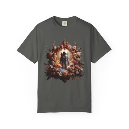 boho astronaut t-shirt featuring an astronaut surrounded by floral elements on a gray shirt.