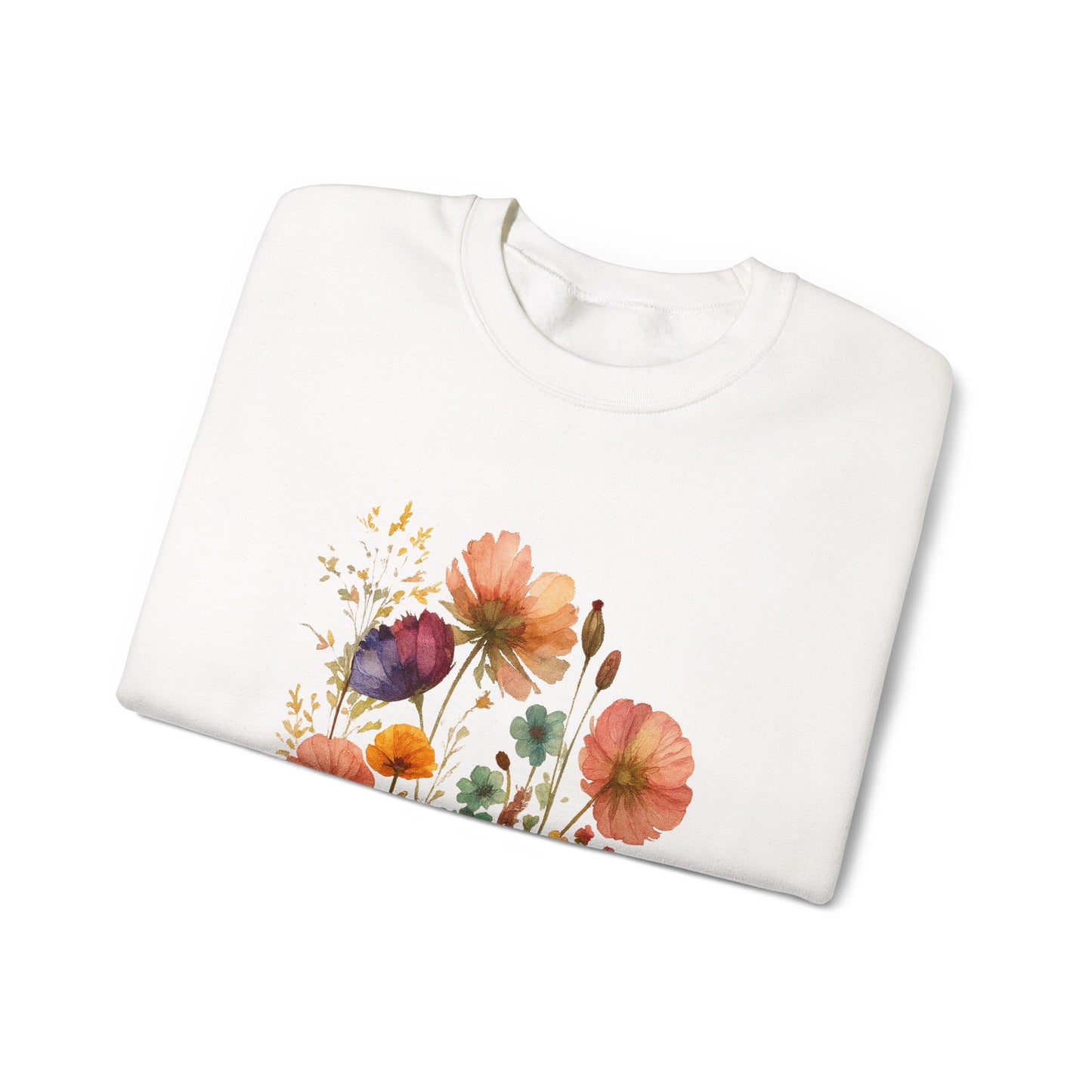 Vintage Boho Pressed Watercolor Wildflower Sweatshirt — Rustic Floral Cottagecore Pullover