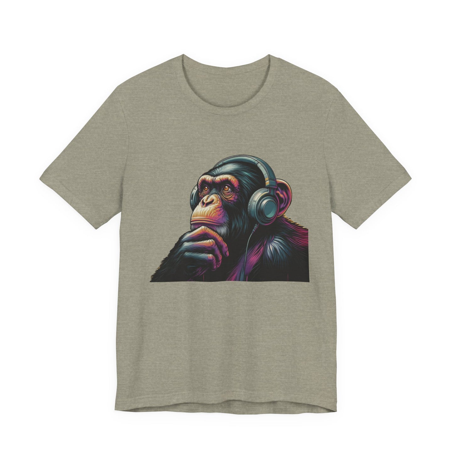 Colorful chimpanzee wearing headphones graphic tee, perfect for music lovers - PopCultureByDesign36