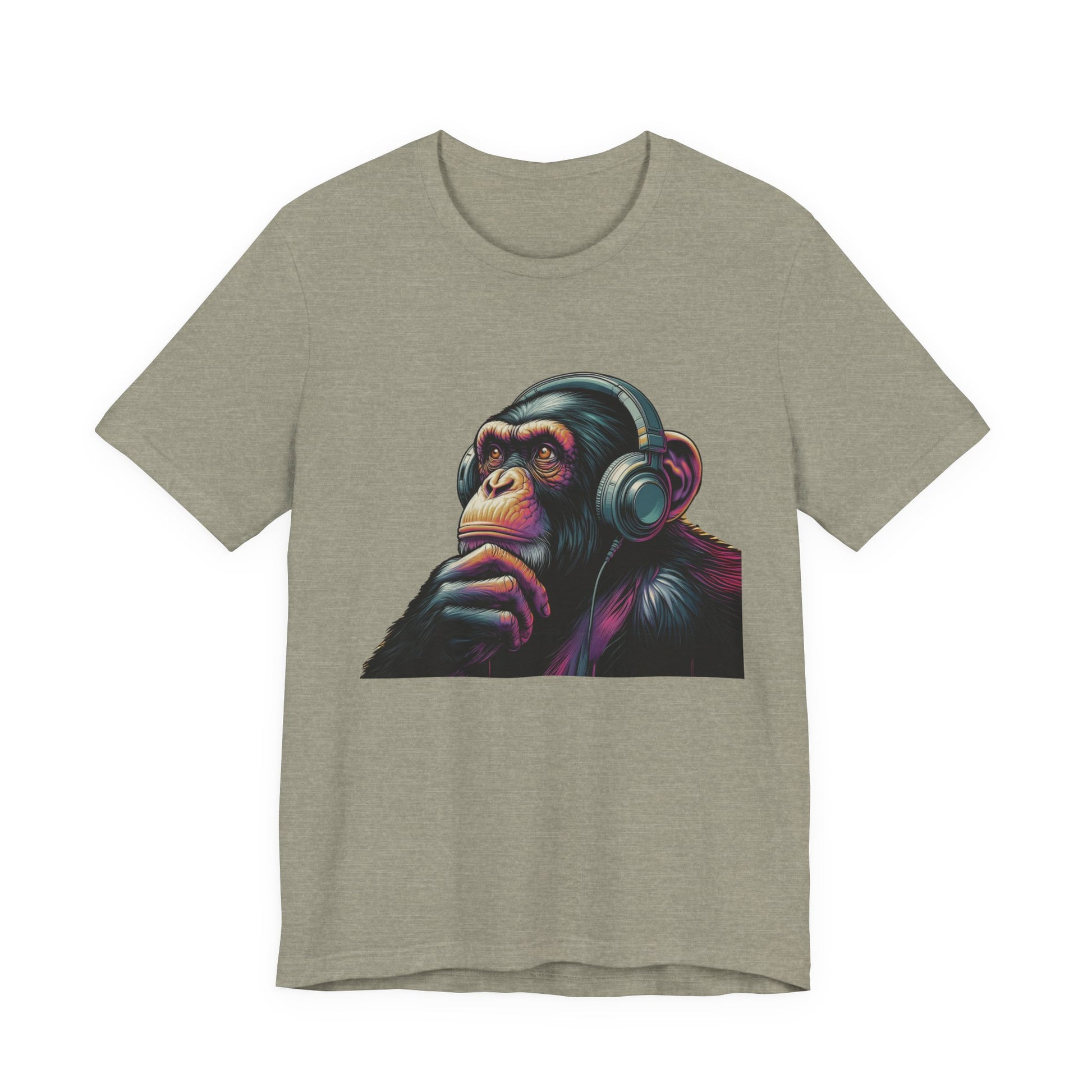 Colorful chimpanzee wearing headphones graphic tee, perfect for music lovers - PopCultureByDesign36