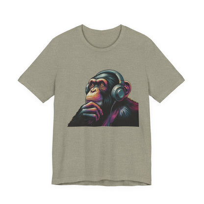 Colorful chimpanzee wearing headphones graphic tee, perfect for music lovers - PopCultureByDesign36