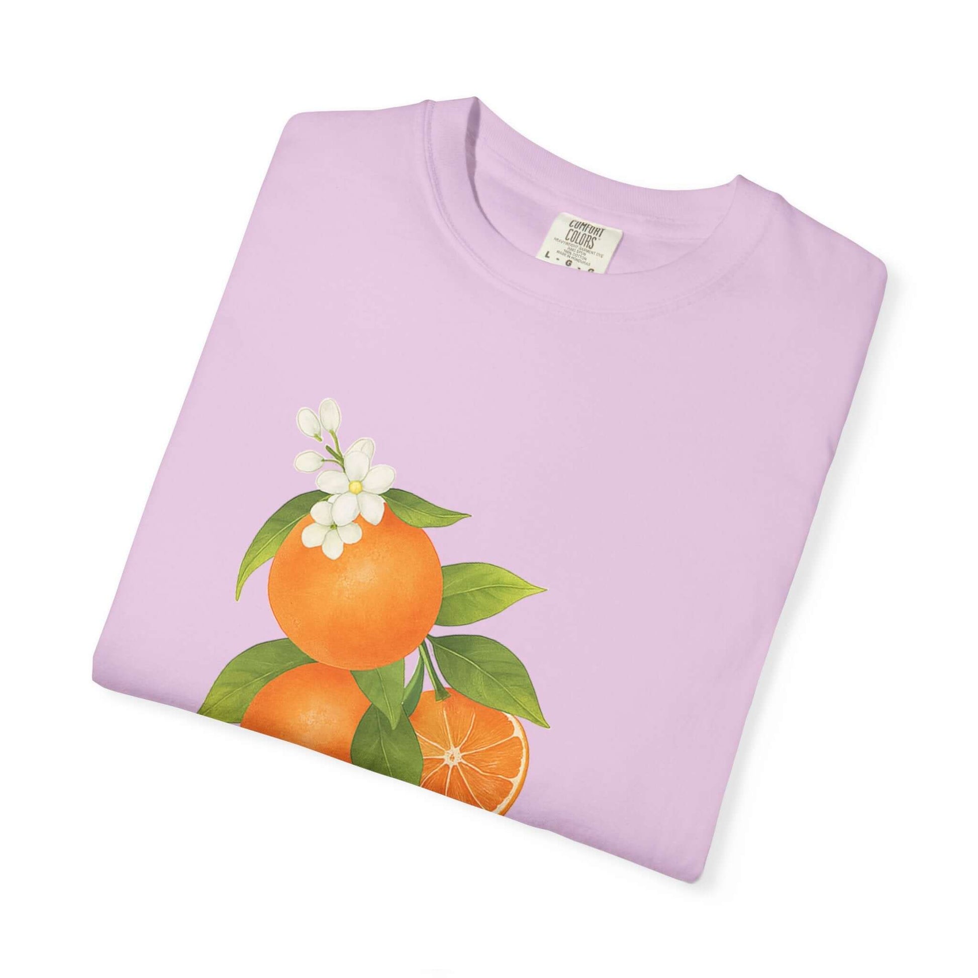Vintage Orange Shirt, Art Graphic Fruit Shirt with illustrated oranges and flowers on a pastel background.