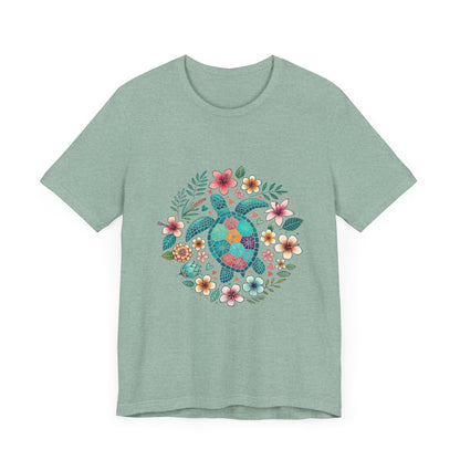Turtle Ocean Sun T-Shirt, Floral Turtle Shirt, Boho Beach Tshirt - PopCultureByDesign36