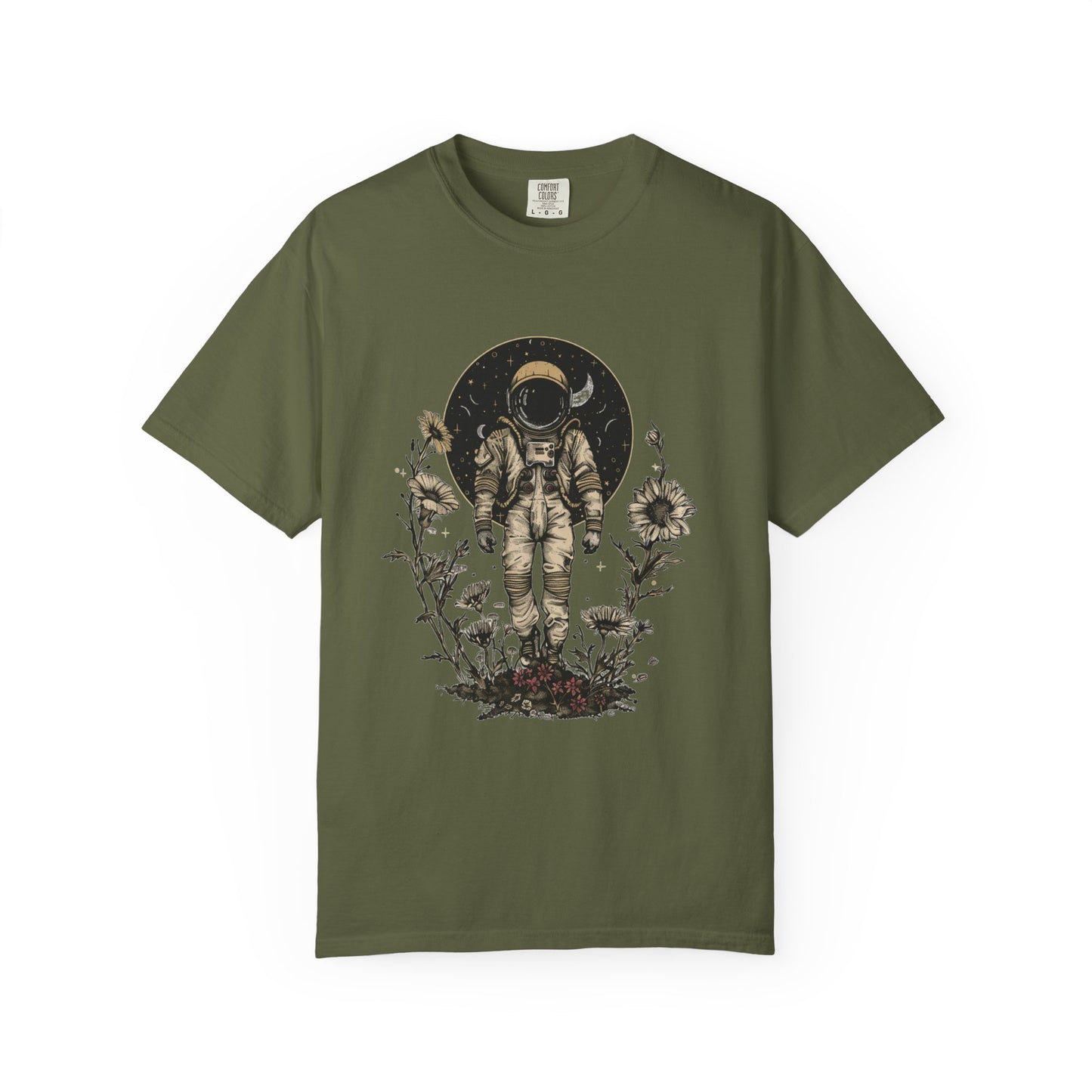 Astronaut Shirt, Boho Astronaut Shirt, Vintage Boho Womens Space Shirt with celestial design on green t-shirt.