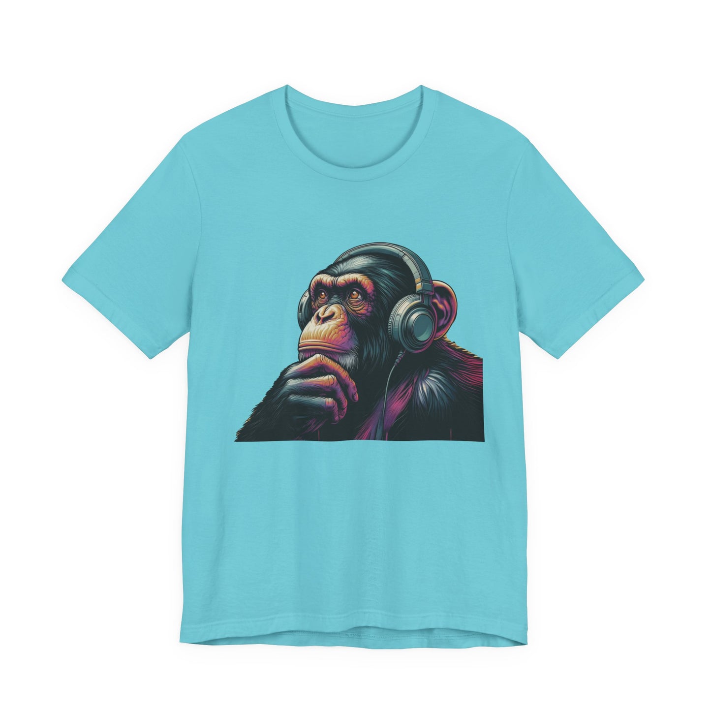 Colorful chimpanzee wearing headphones graphic tee, perfect for music lovers - PopCultureByDesign36