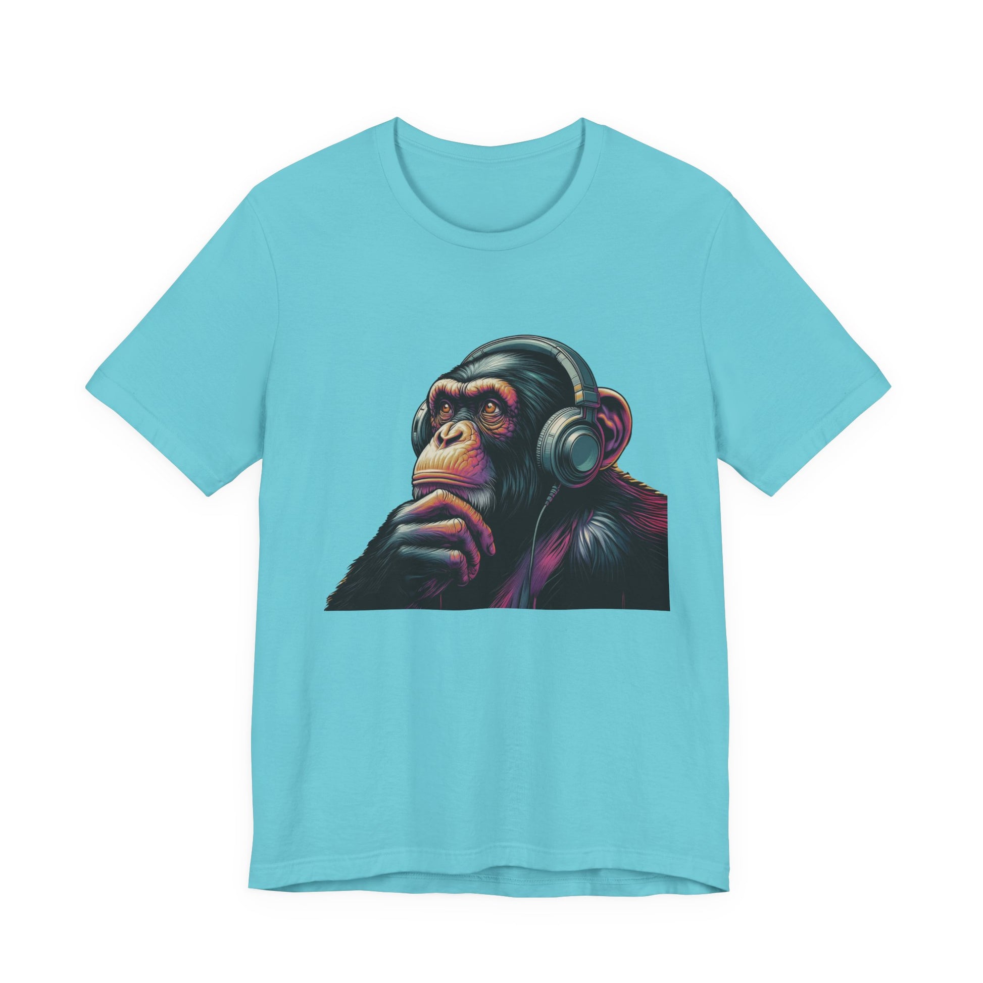 Colorful chimpanzee wearing headphones graphic tee, perfect for music lovers - PopCultureByDesign36