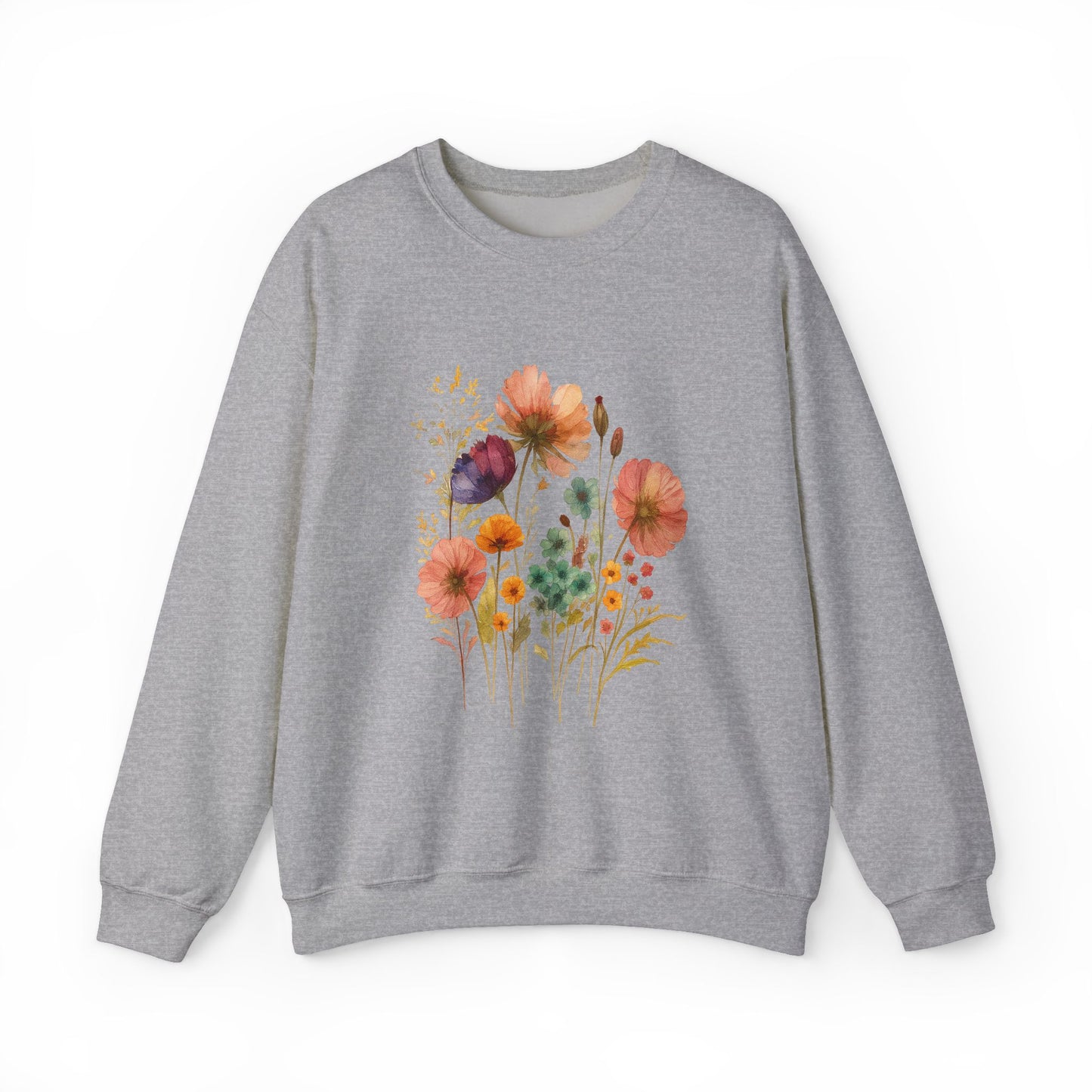 Vintage Boho Pressed Watercolor Wildflower Sweatshirt — Rustic Floral Cottagecore Pullover