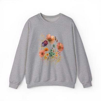 Vintage Boho Pressed Watercolor Wildflower Sweatshirt — Rustic Floral Cottagecore Pullover