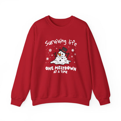 Snowman Christmas Sweatshirt, Survive One Meltdown at a Time, Holiday Winter Jumper, Funny Xmas Pullover, Cozy Festive Top, Unisex Winter
