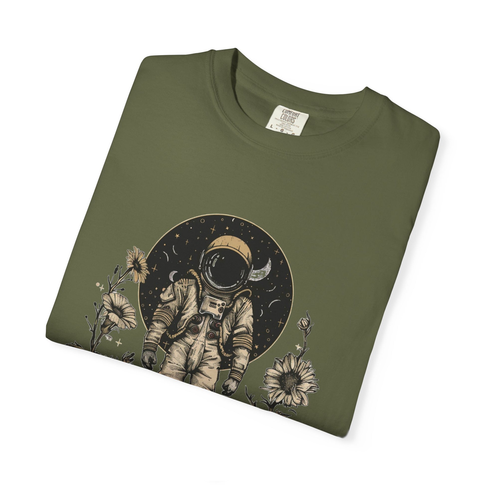 Astronaut Shirt, Boho Astronaut Shirt, Vintage Boho Womens Space Shirt design on green t-shirt with floral elements.