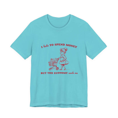 Retro Funny Woman T-Shirt, Hipster Shirt, Sarcasm Top in aqua with humorous shopping graphic.